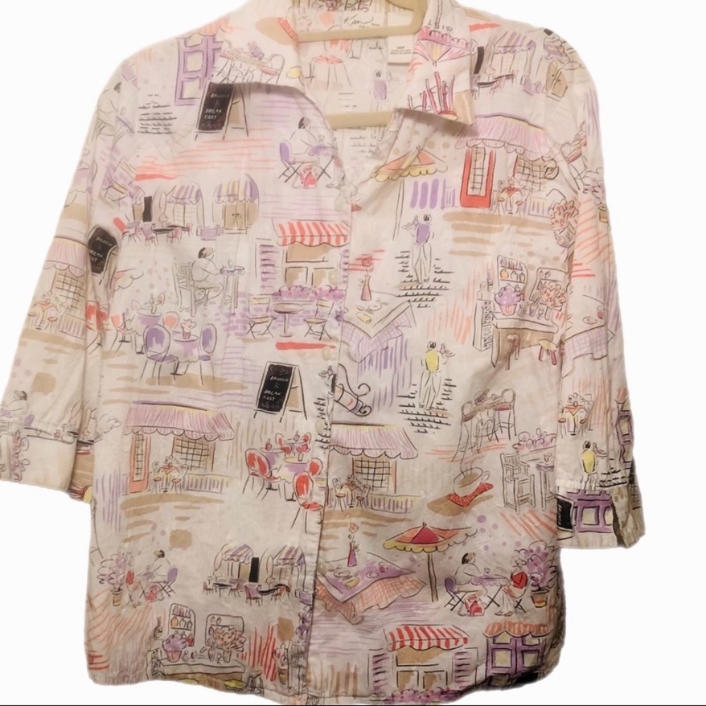 👒VINTAGE PARIS OUTDOOR CAFE THEME BUTTON DOWN TOP.